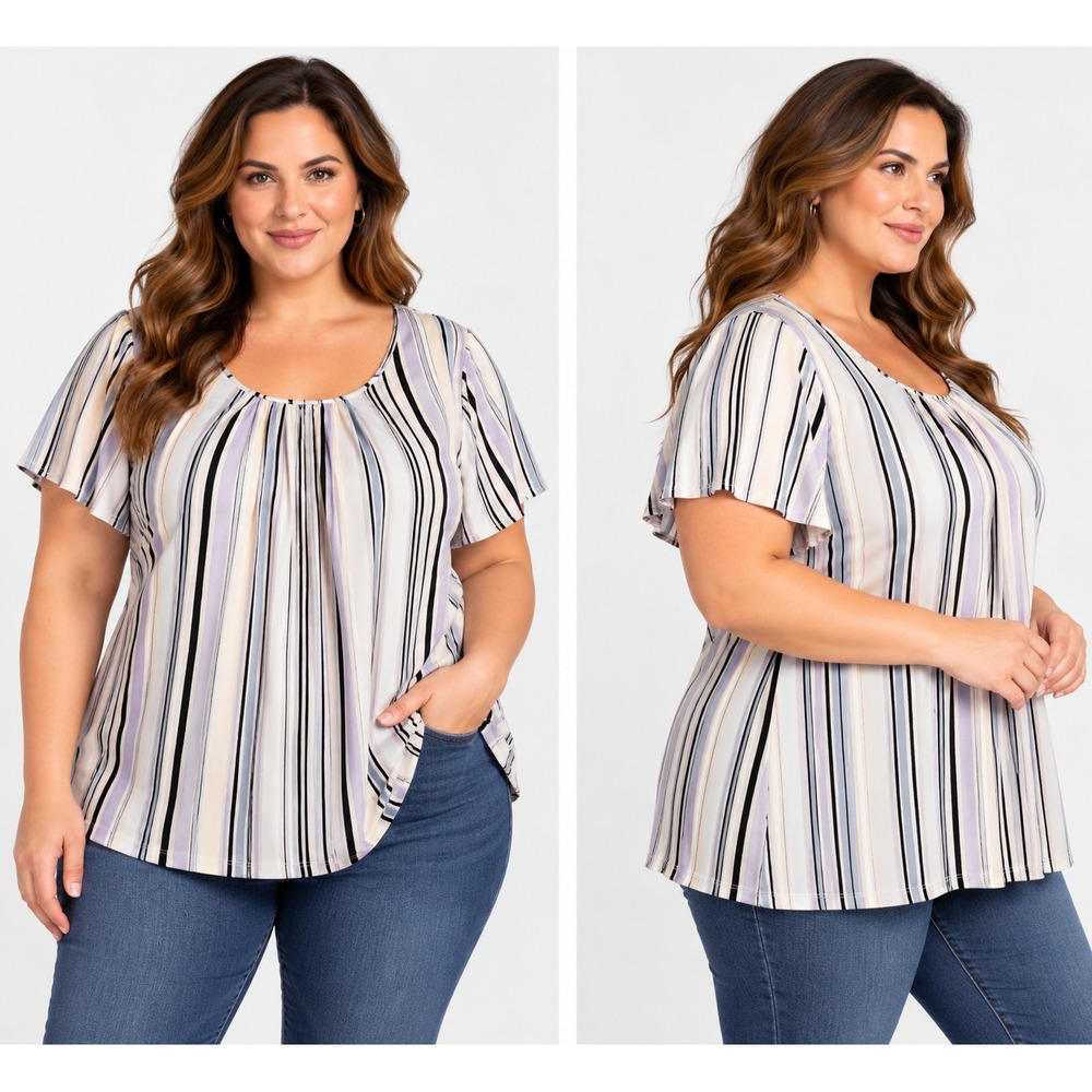 Liz Claiborne Career Woman Blouse 2X Multicolor Stripe Scoop Neck Short Sleeve